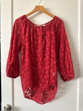 Lauren Conrad Red Floral Sheer Peasant Blouse